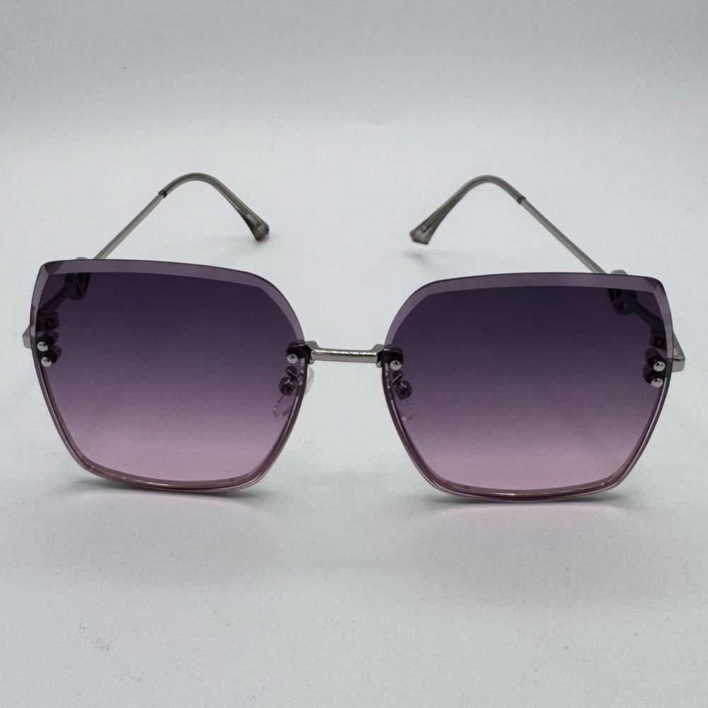 Silver Rimless Beveled Sunglasses – Oversized Purple Gradient Lens (New)